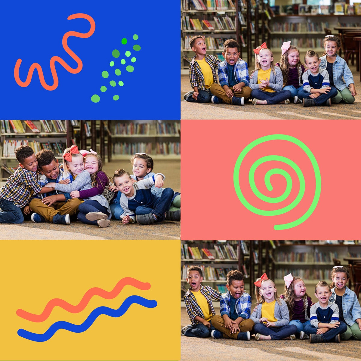 montage of young children sitting in a line with books in the background