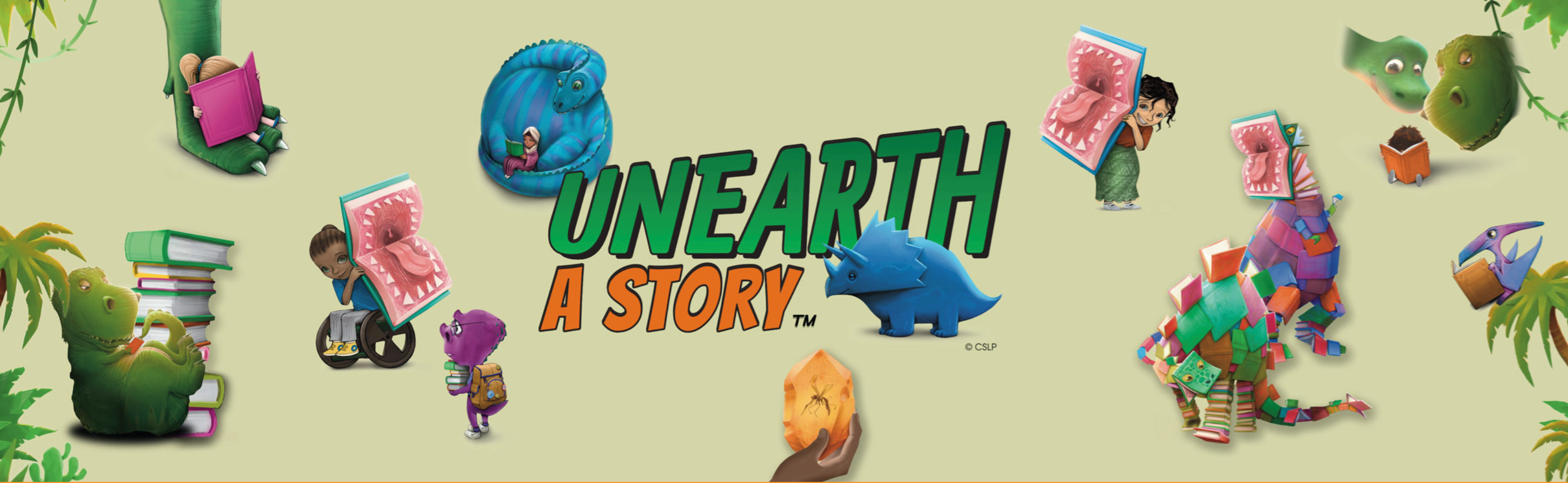 Unearth a Story logo with CSLP Illustrations of Dinosaurs and library patrons