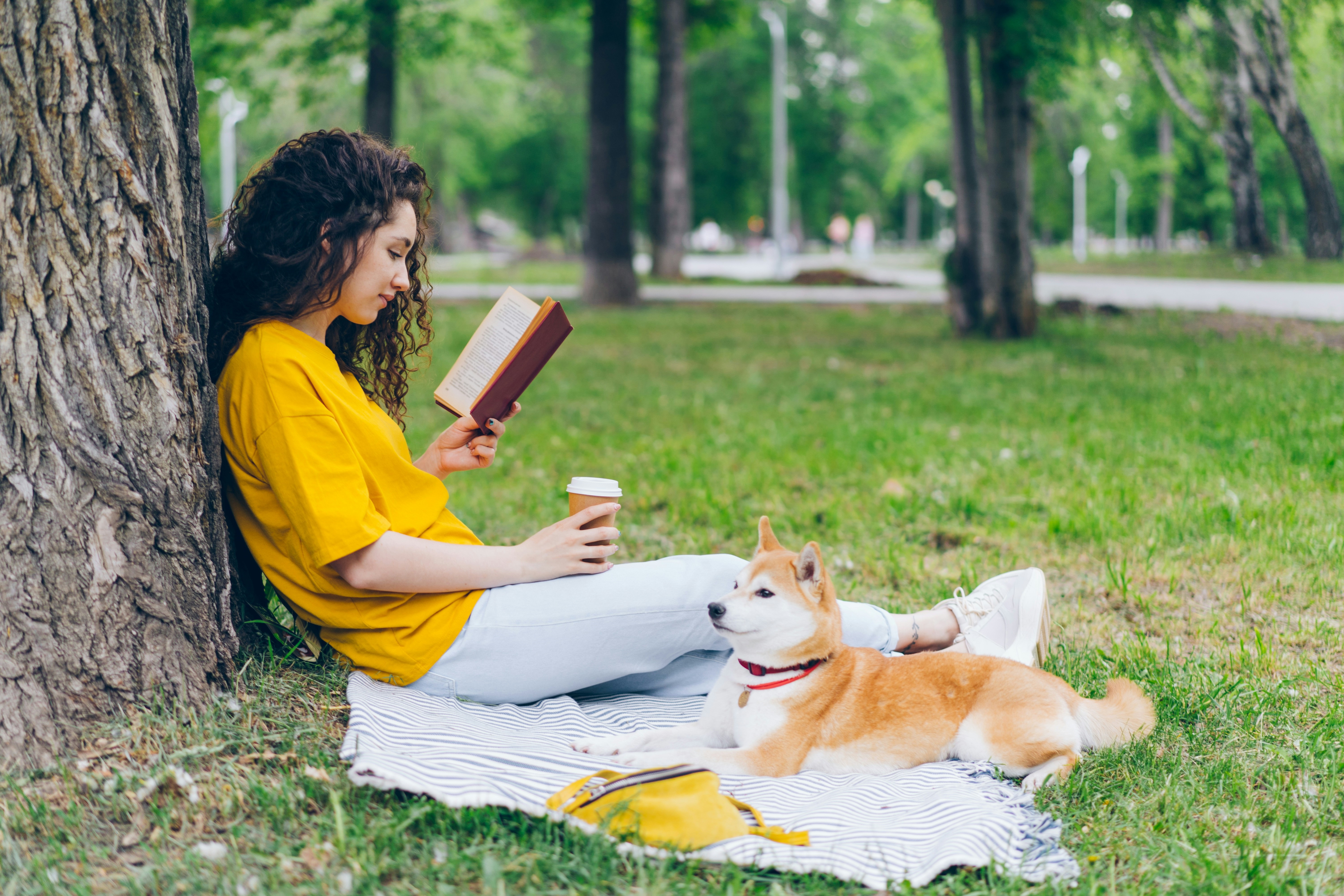 Images of a woman in a park reading. She is on a blanket, leaning up against a tree.  Next to her is her medium-sized dog.