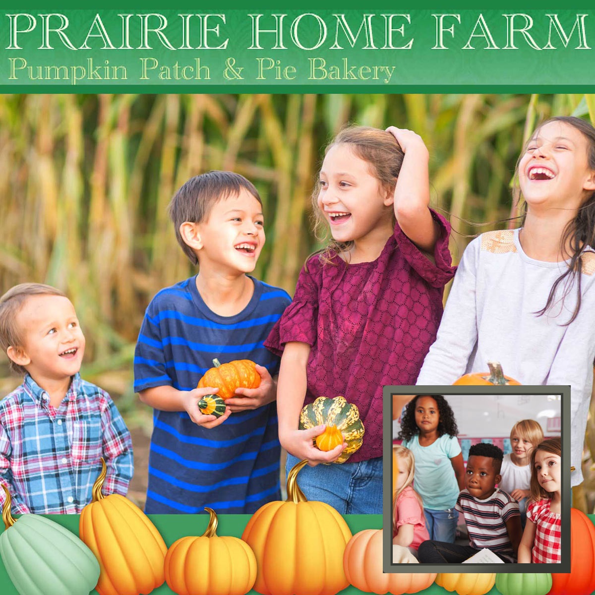four children laughing and standing in a pumpkin patch
