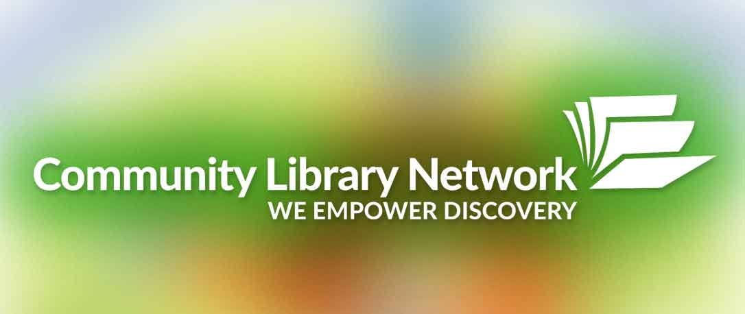 Community Library Network Logo on a blurred colorful background.