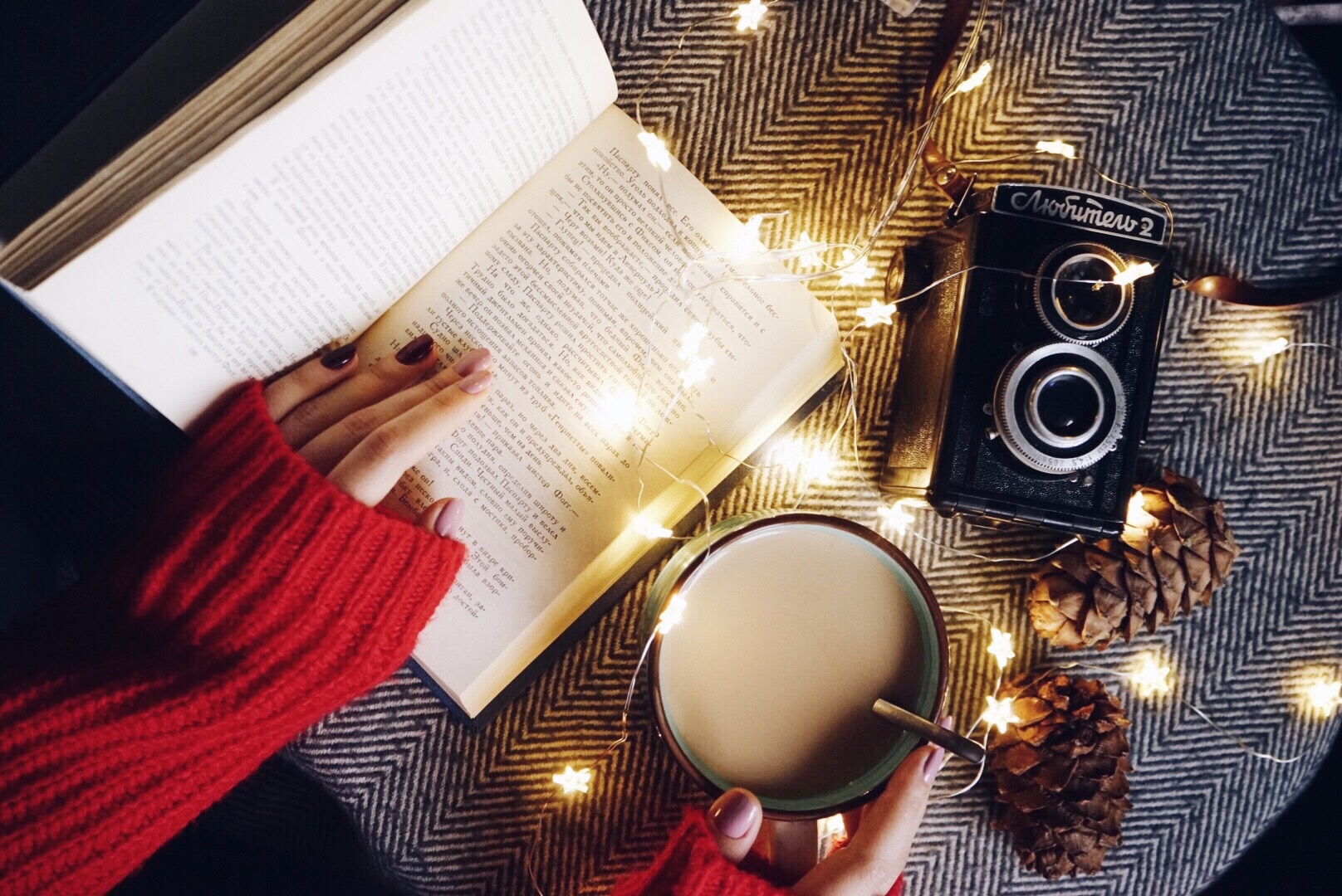 Header image with book, twinkle lights on a cozy blanket. 