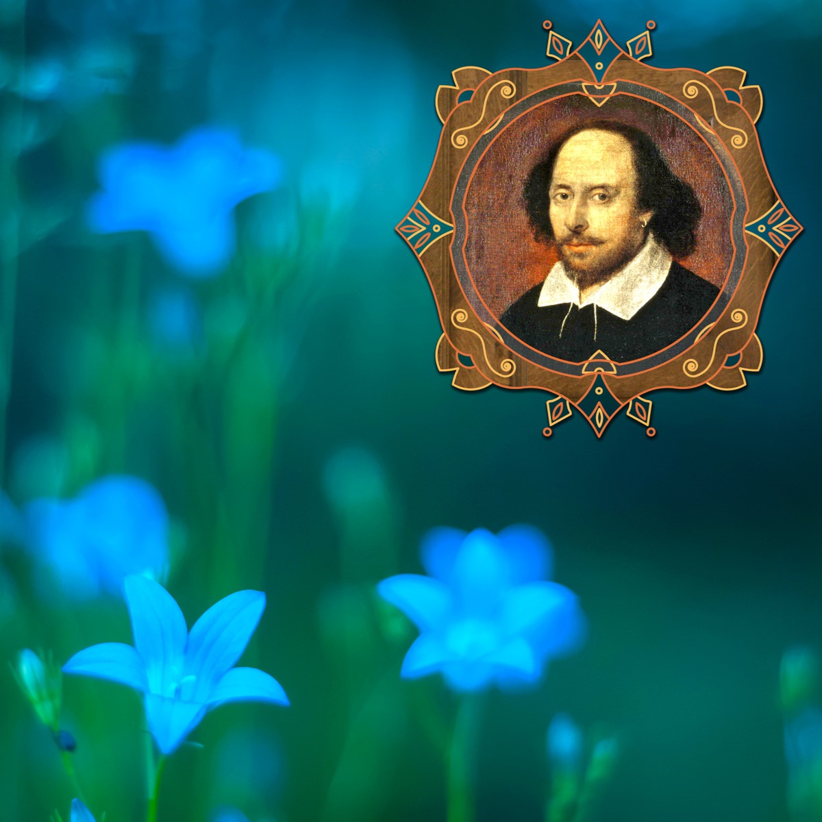 Image is of blue flowers in tall grass.  On the top right corner is a framer picture of William Shakespeare.