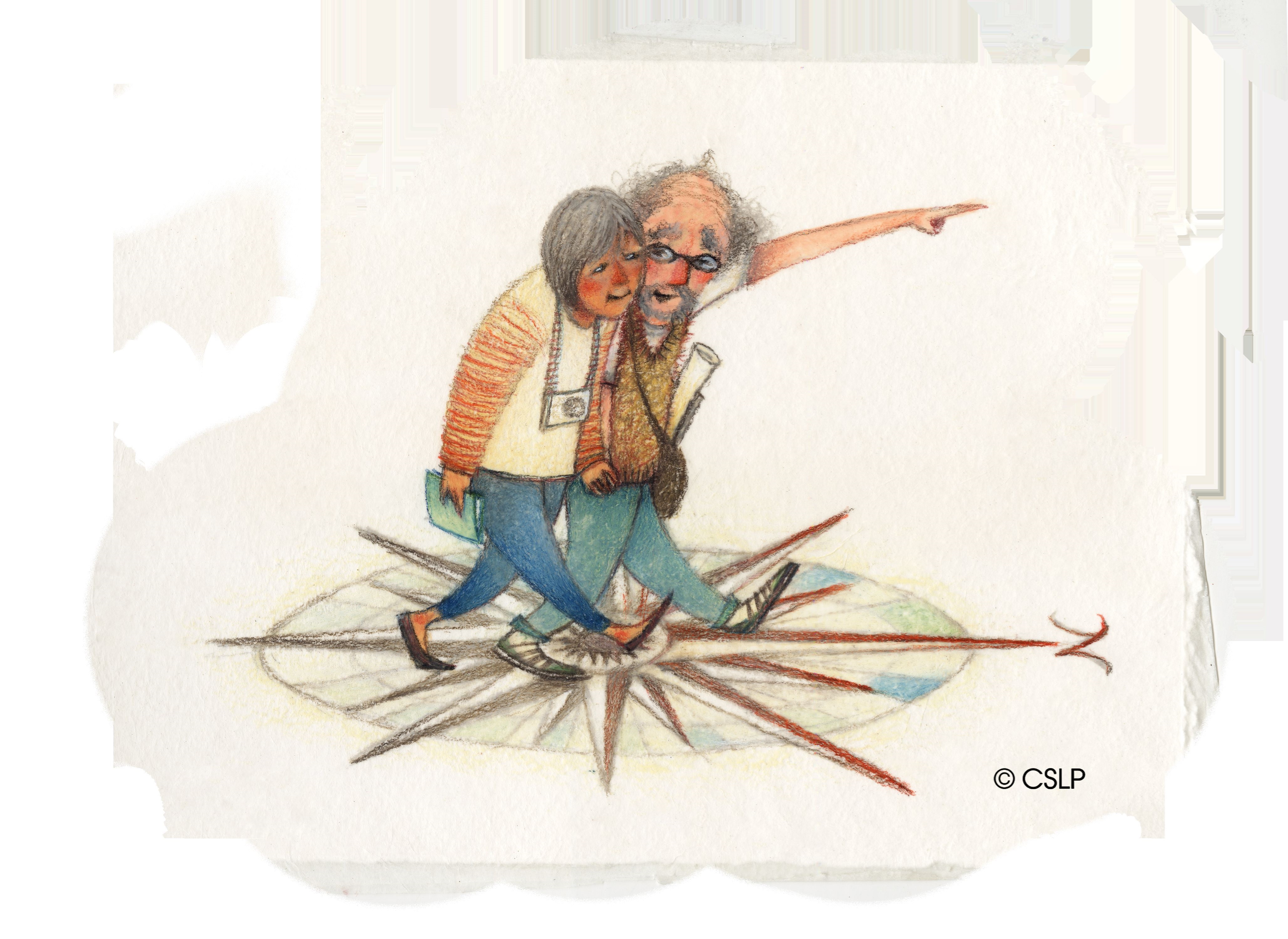 Image depicts a gray haired man and woman standing on a compass and stepping forward.