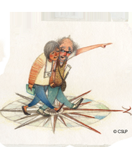 Image depicts a gray haired man and woman standing on a compass and stepping forward.