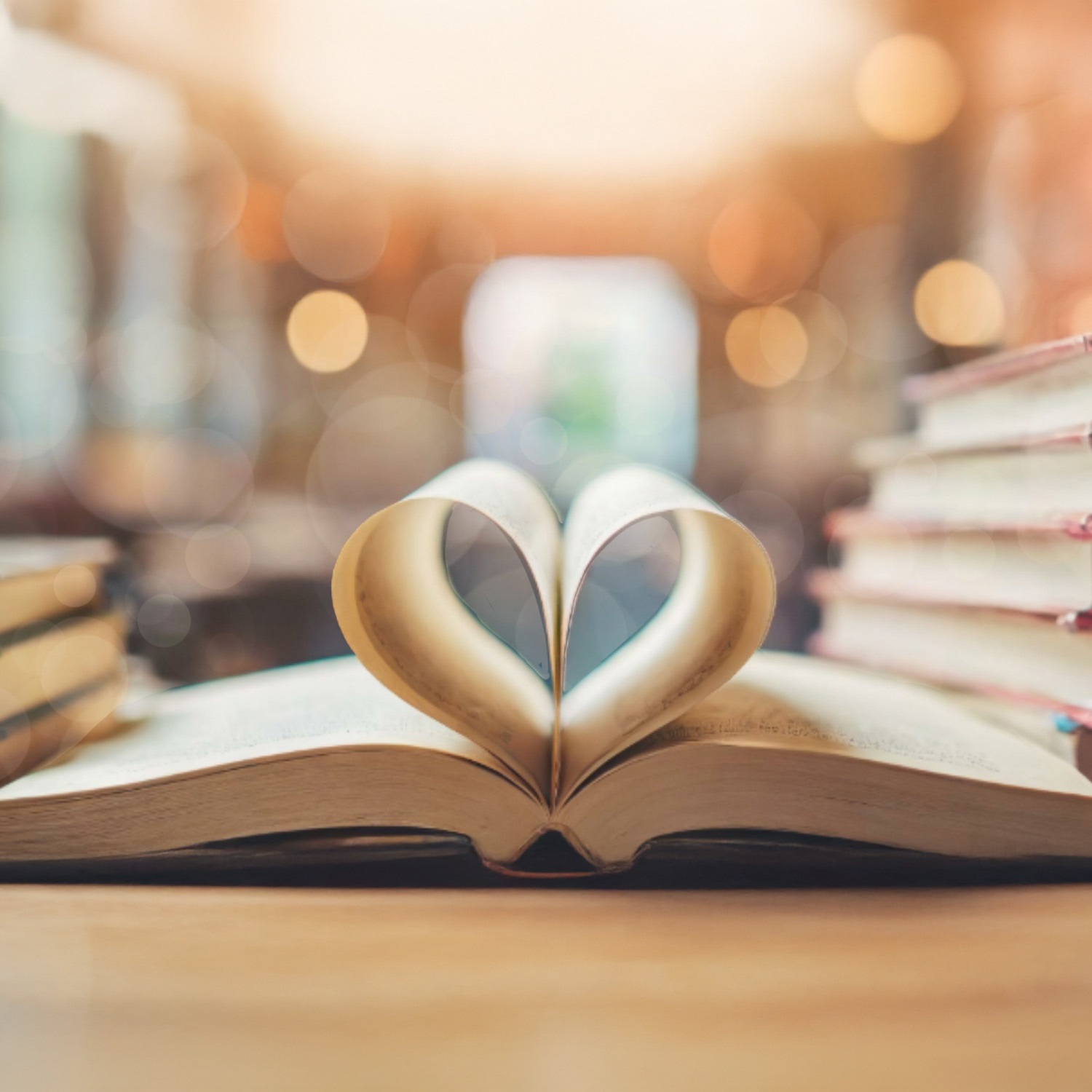 A book on a table, laid open with the center pages making a heart. Stacks of books flank either side with a library in the background. 