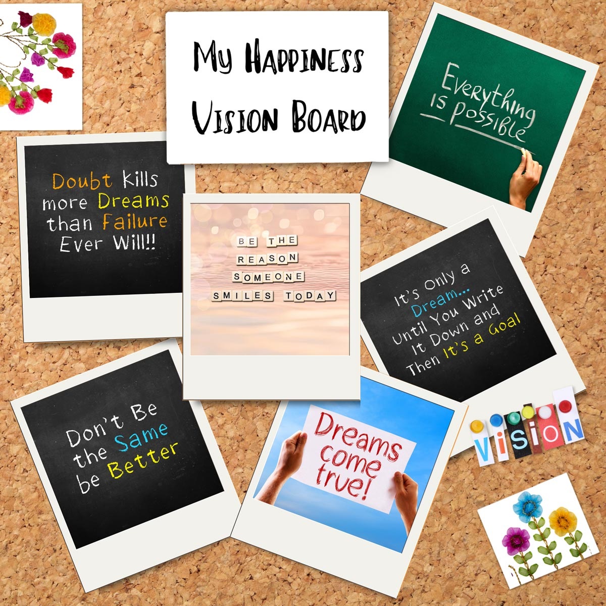 On a cork board photos and magazine cutouts are pinned.