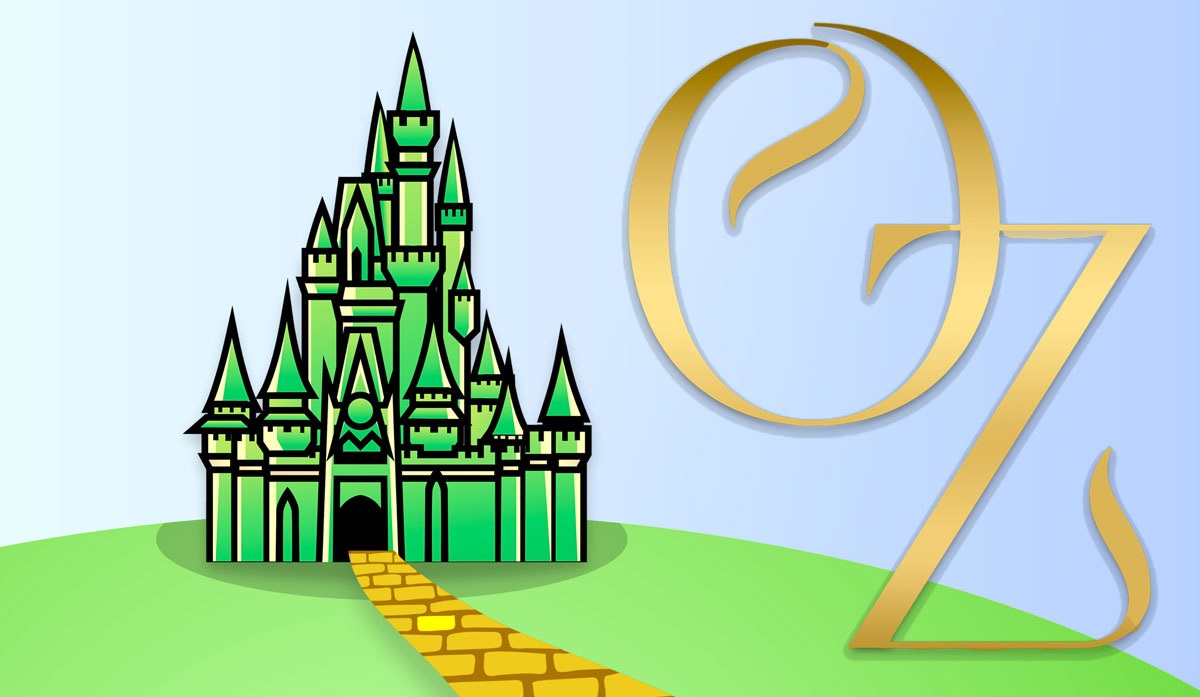 Land of Oz with Emerald City and yellow brick road.