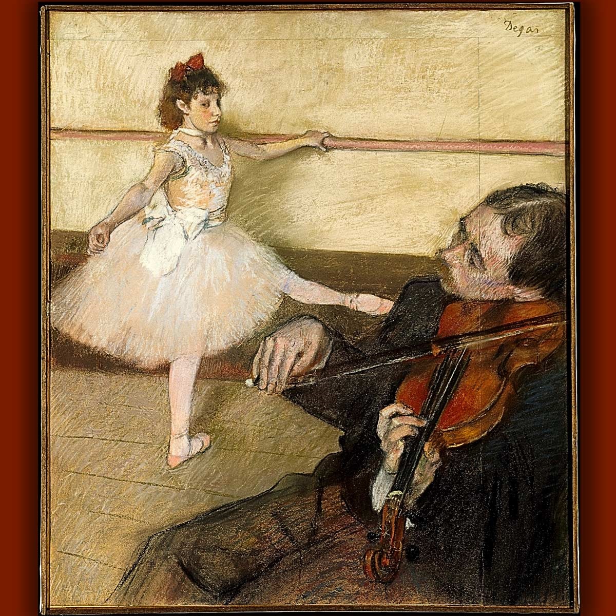 Degas art, man playing violin with young girl doing ballet