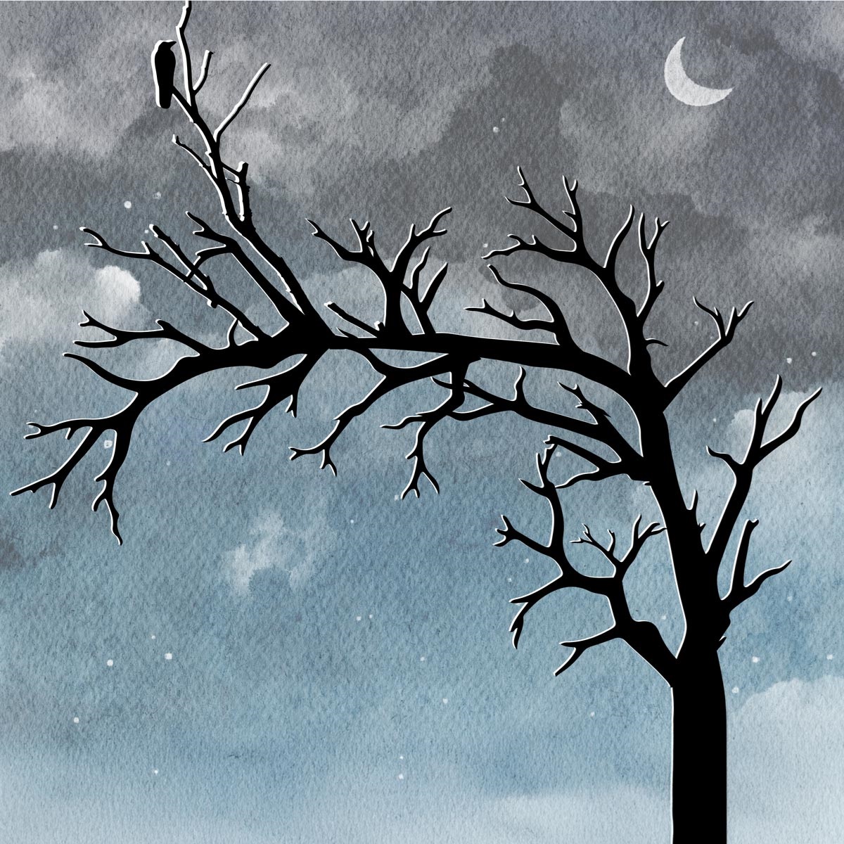 A leafless tree with a raven resting on a branch sits in silhouette on a dark and cloudy night sky.