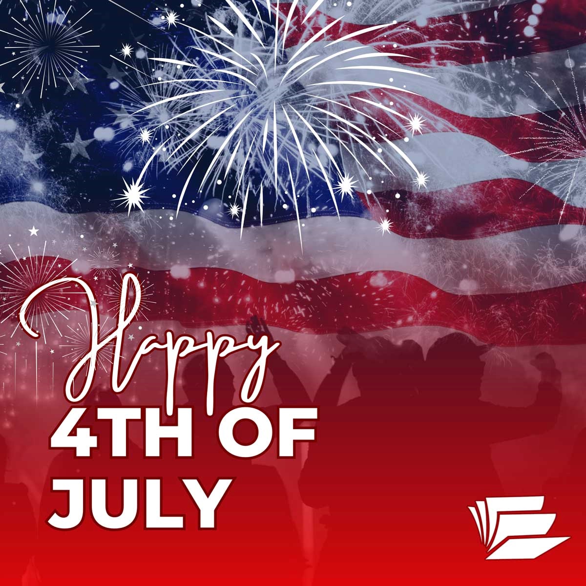 Happy 4th of July with American Flag and fireworks in the background. Link to external site, opens in a new tab or window.