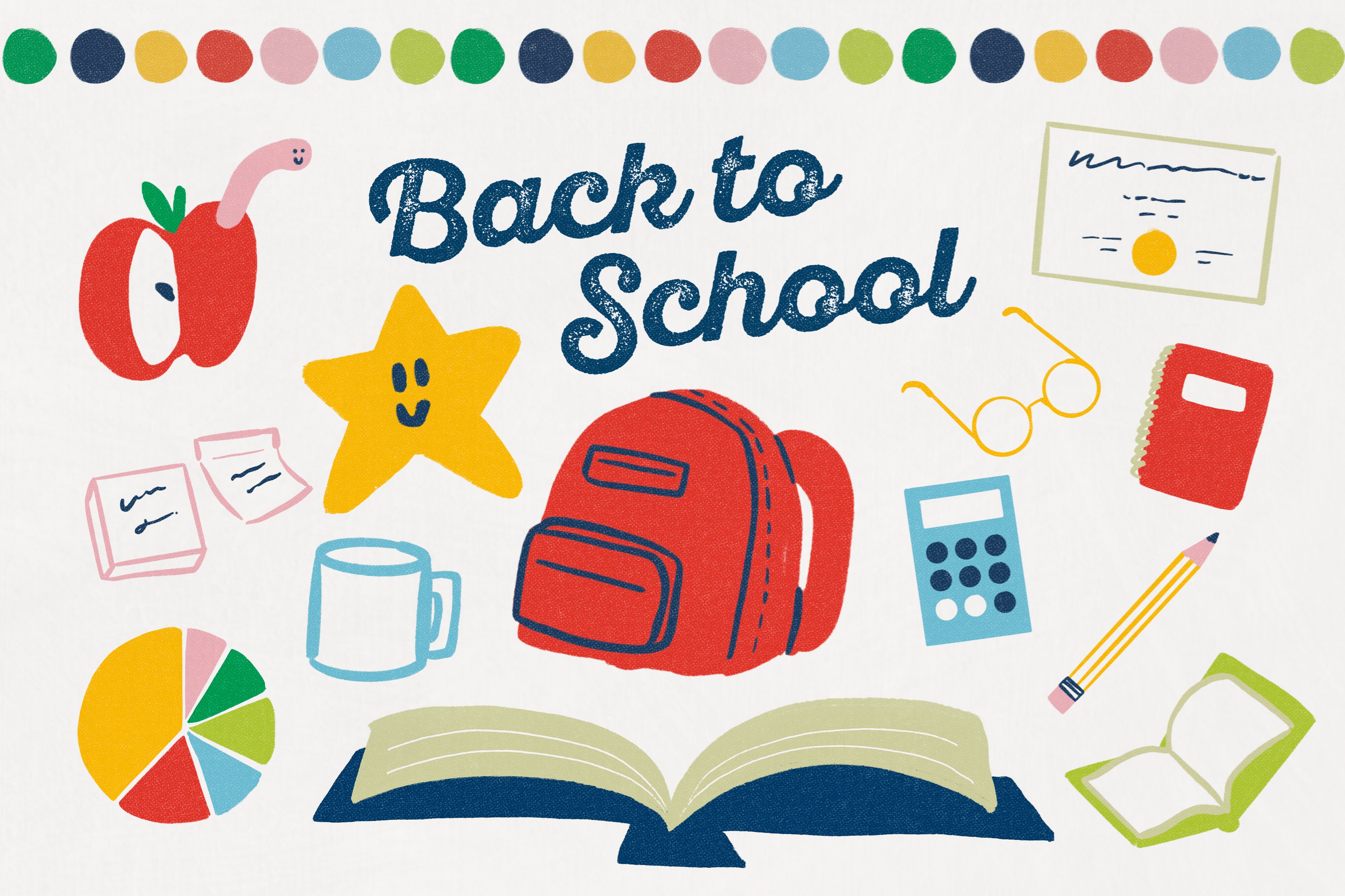 Back to School icons like a backpack, notebook, pie graph, calculator, and glasses.