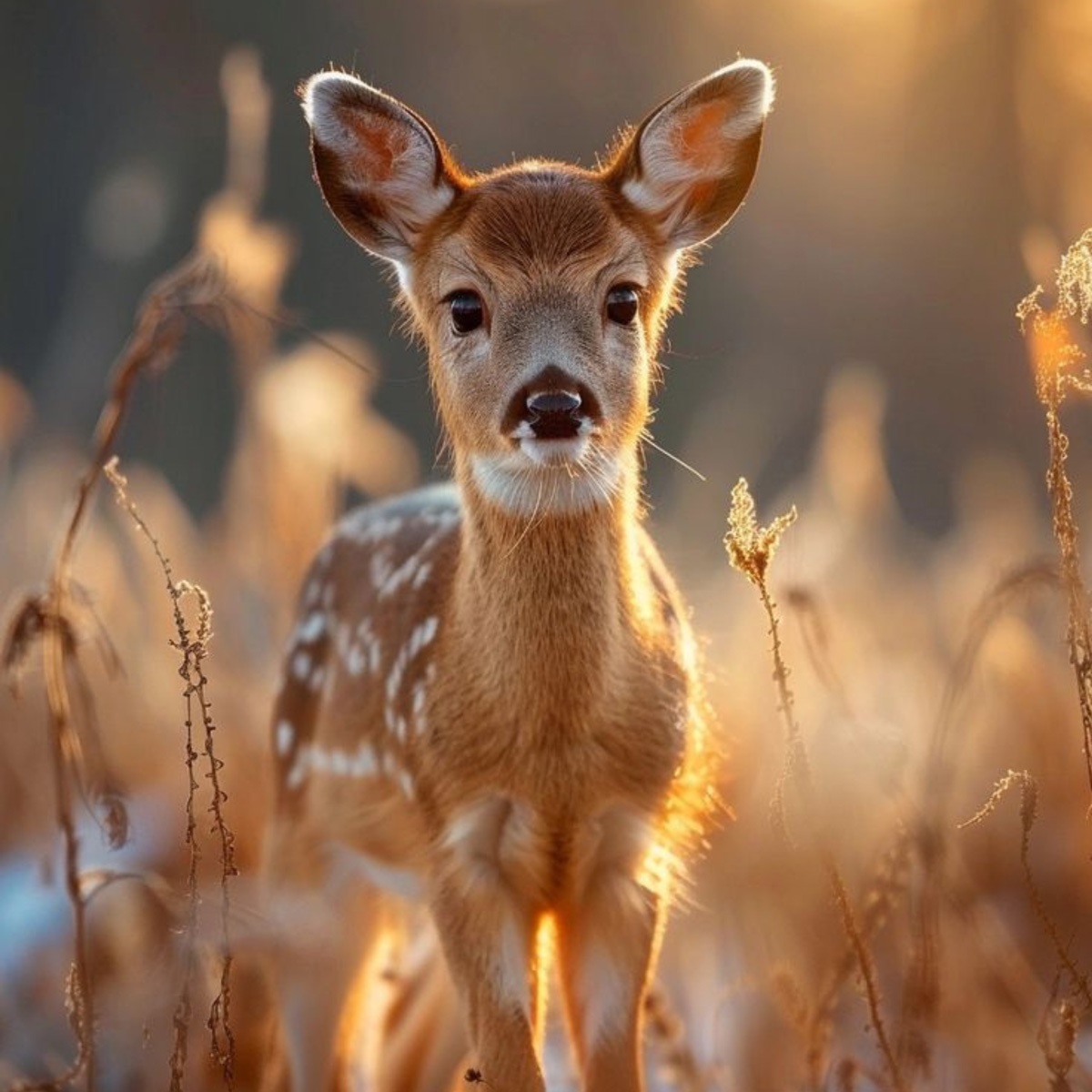 Image depicts a young deer, with spots, looking at the camera through tall grass glowing in the sunlight.