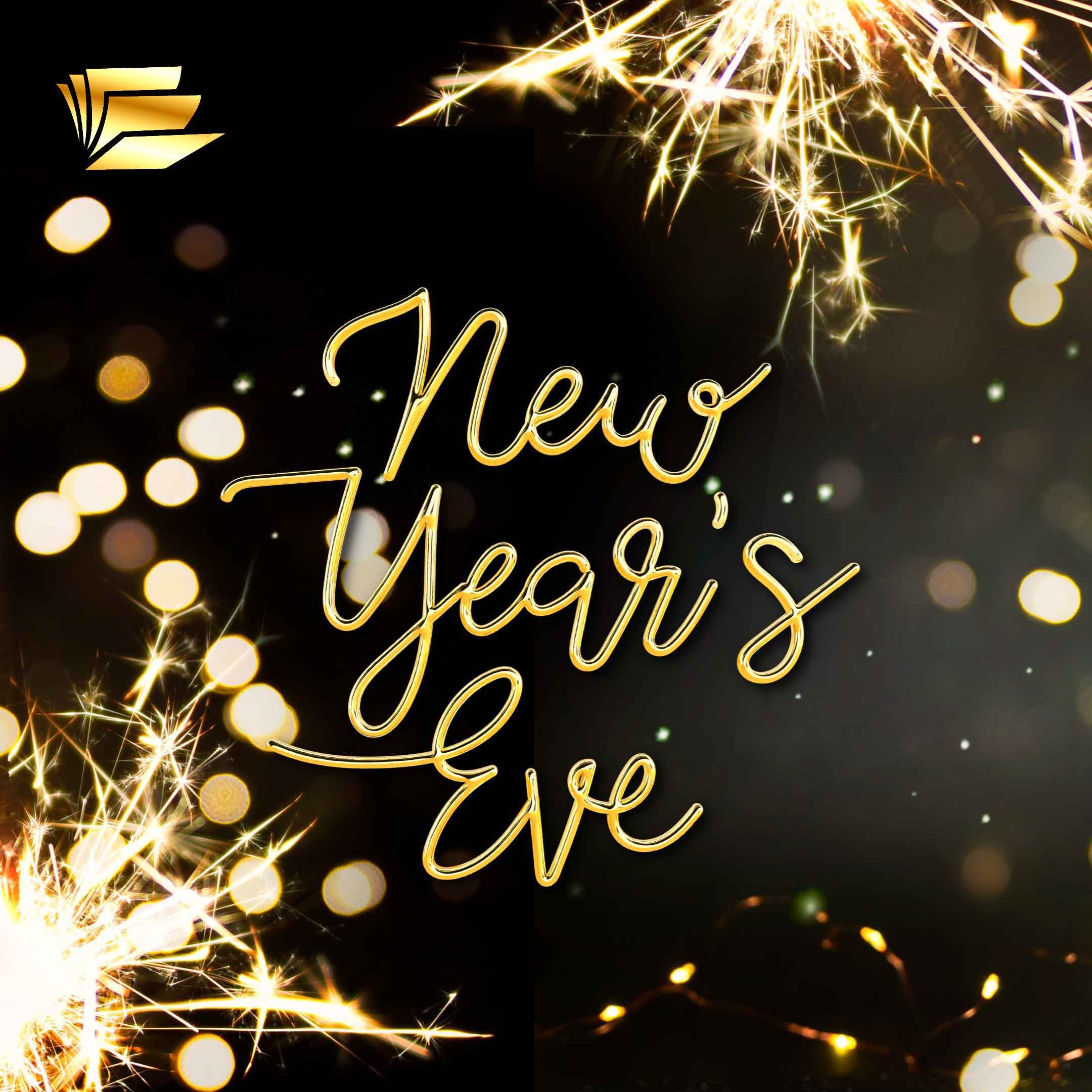 Image Reads: New Year's Eve, gold sparkler and confetti on a black background. Opens in a new tab or window.