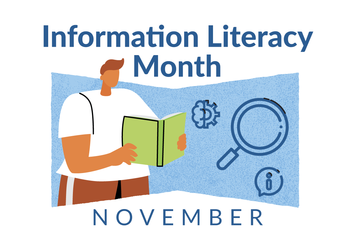Information Literacy Month - November. Man reading book surrounded by information icons.