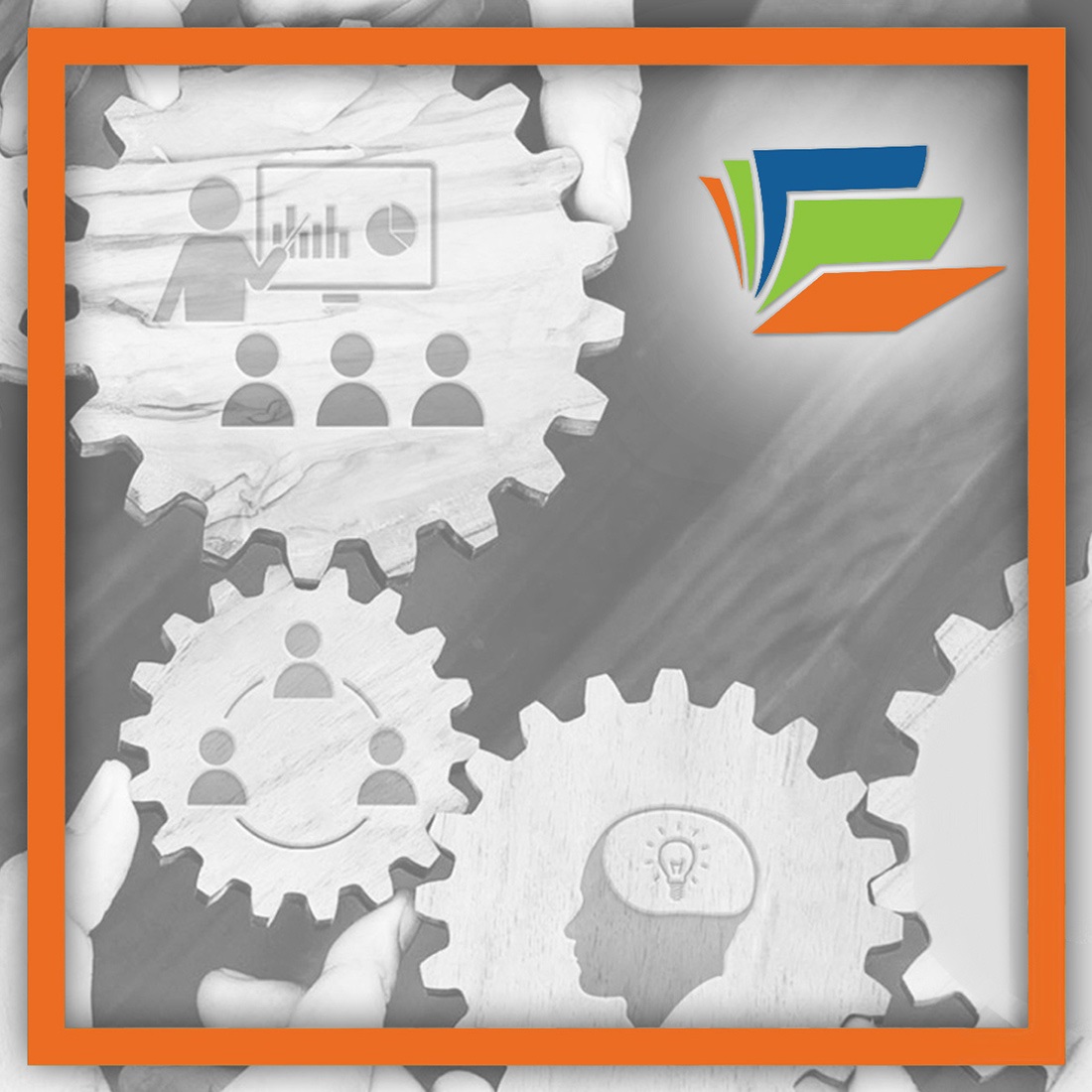 A background of people holding wooden gears with icons representing people learning, with the Community Library Network logo.