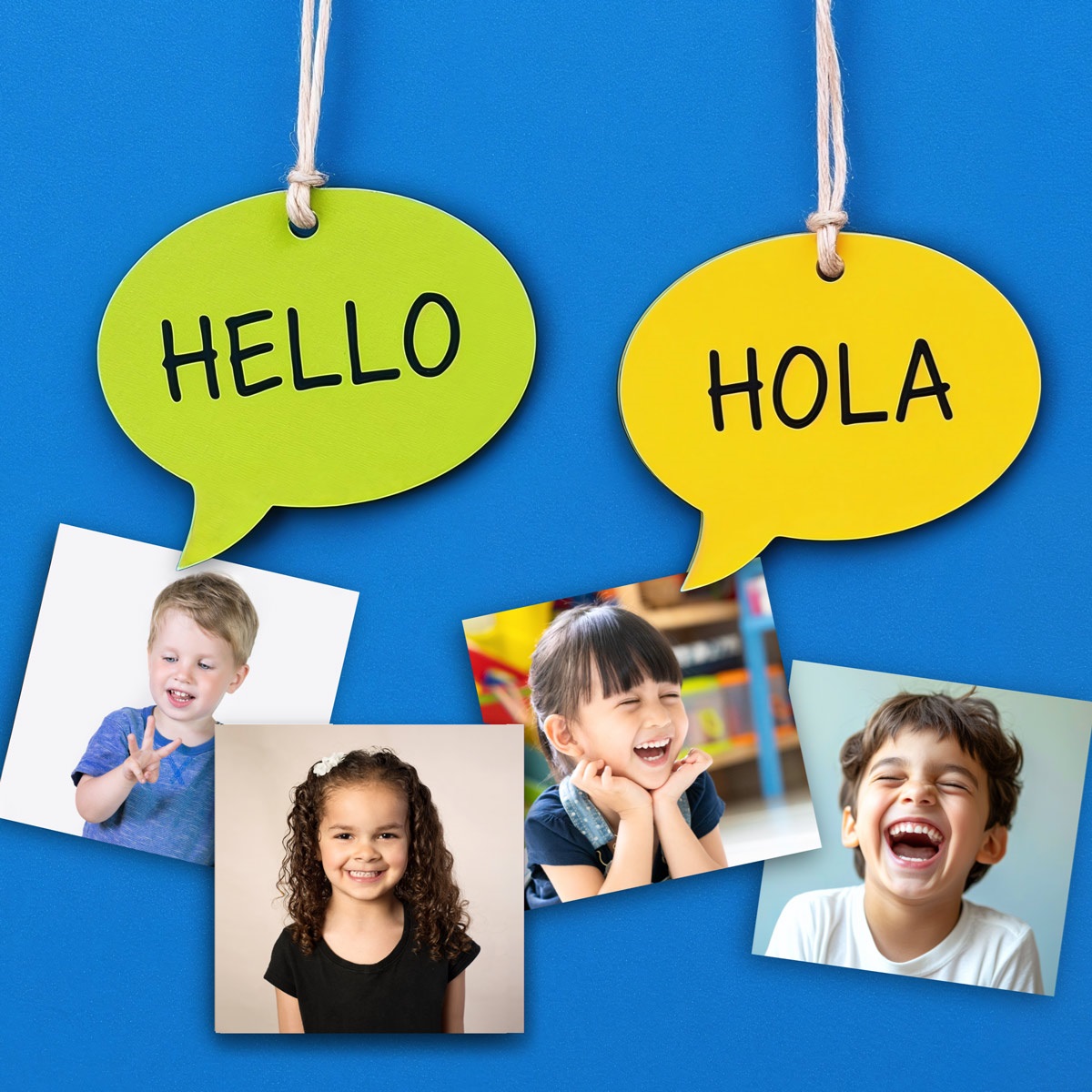 Four children laughing and having fun while learning Spanish.