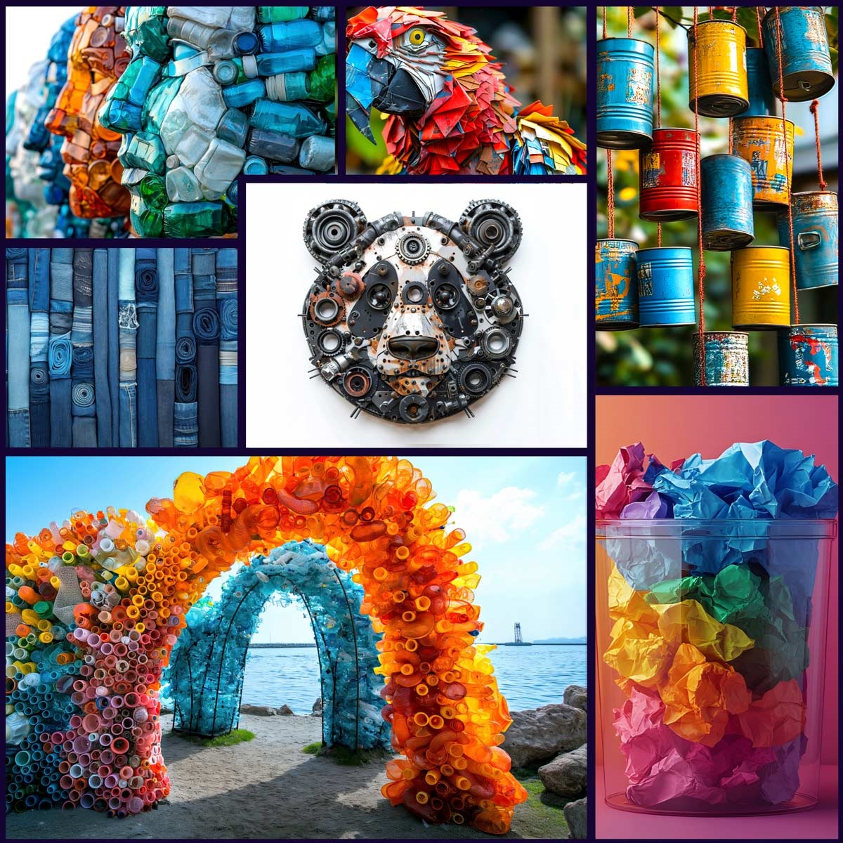 Several examples of mixed media art in bright colors.