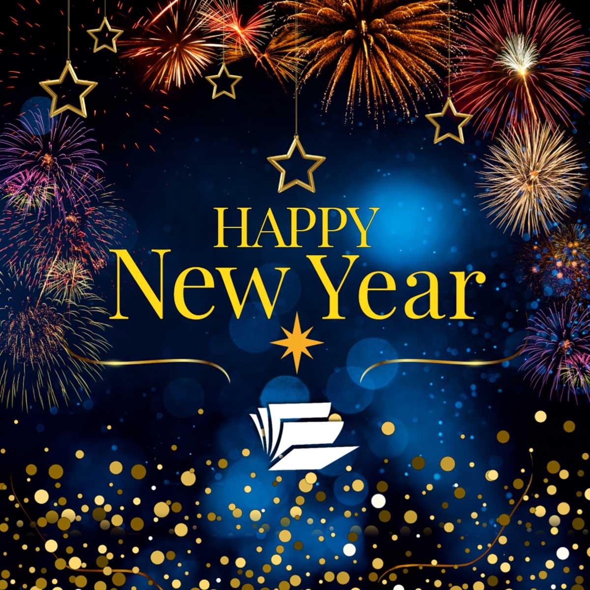 Image reads: Happy New Year. Blue background, fireworks, and gold stars and sparkles. Community Library Network Logo. Links to external site, opens in new tab or window.