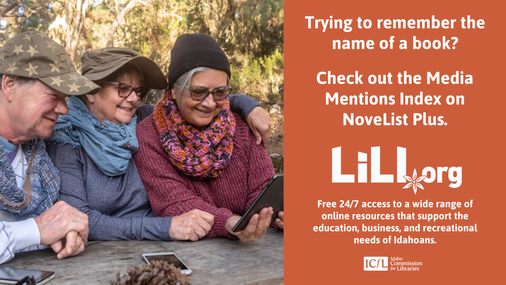 3 older adults looking at a tablet searching NoveList Plus for the title of a book.