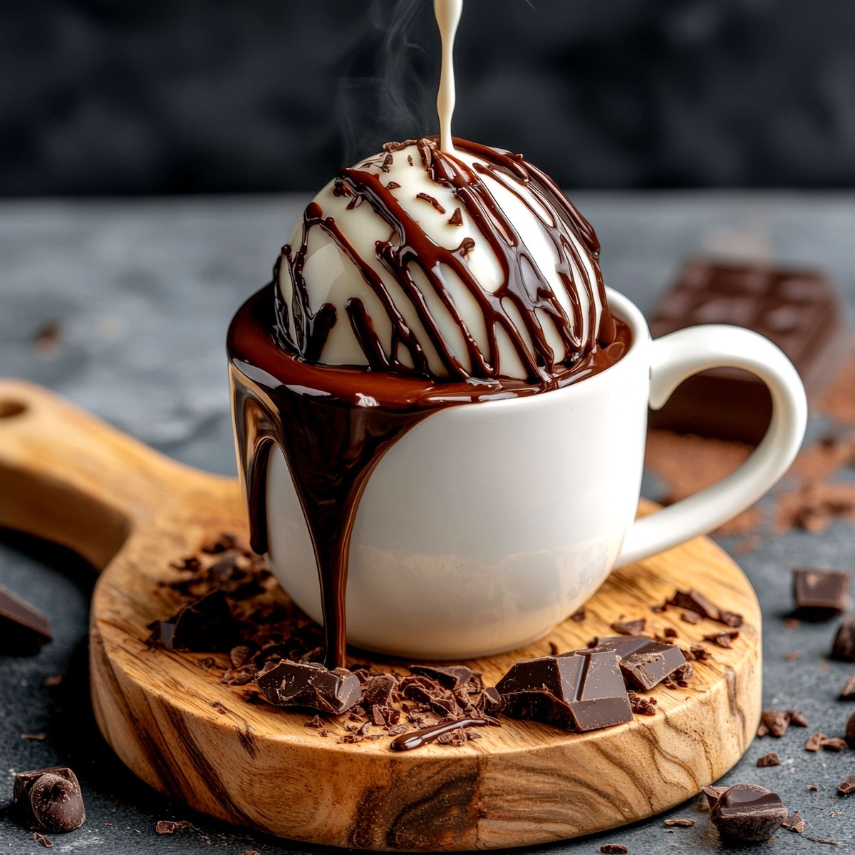 Image shows a white cup with chocolate spilling over.  In the middle is a big white chocolate bomb.