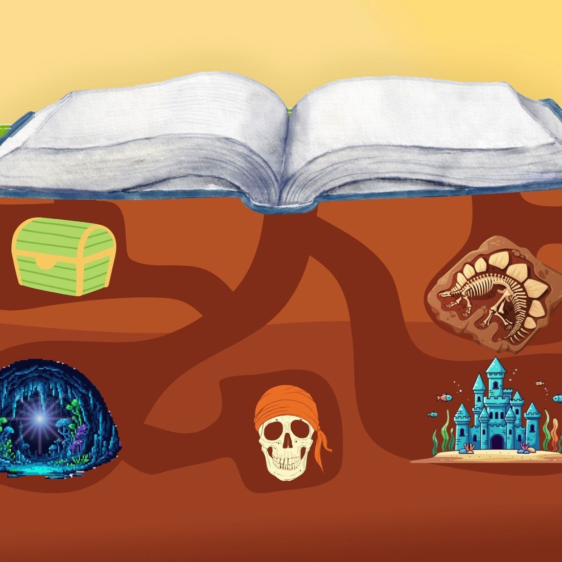 A book laying on the ground, and underground: a treasure box, pirate, dinosaur, castle, and hidden, glowing cavern.