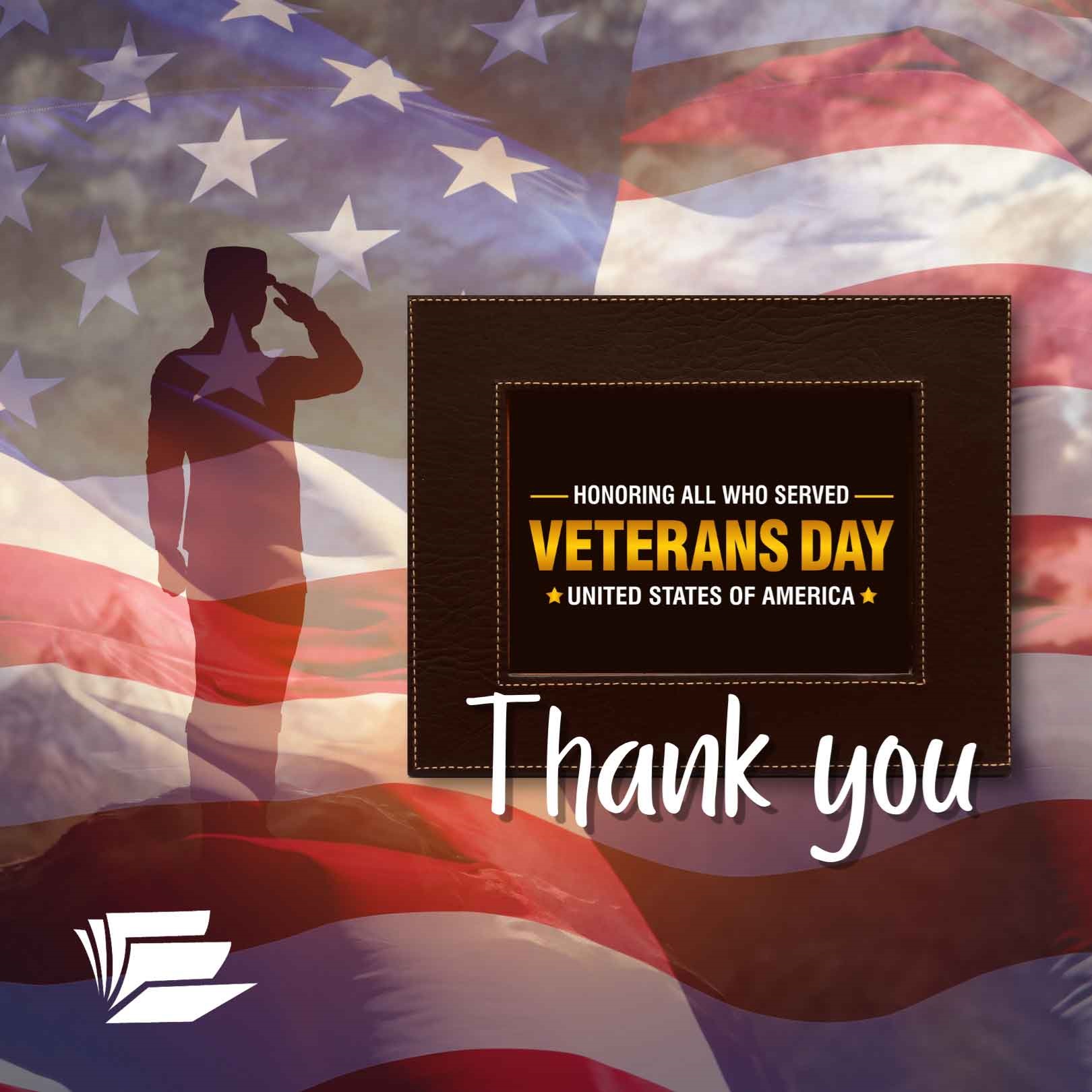 Image reads: Honoring all who served, Veteran's Day, United States of America, Thank you. American Flag, soldier saluting. Links to external site.