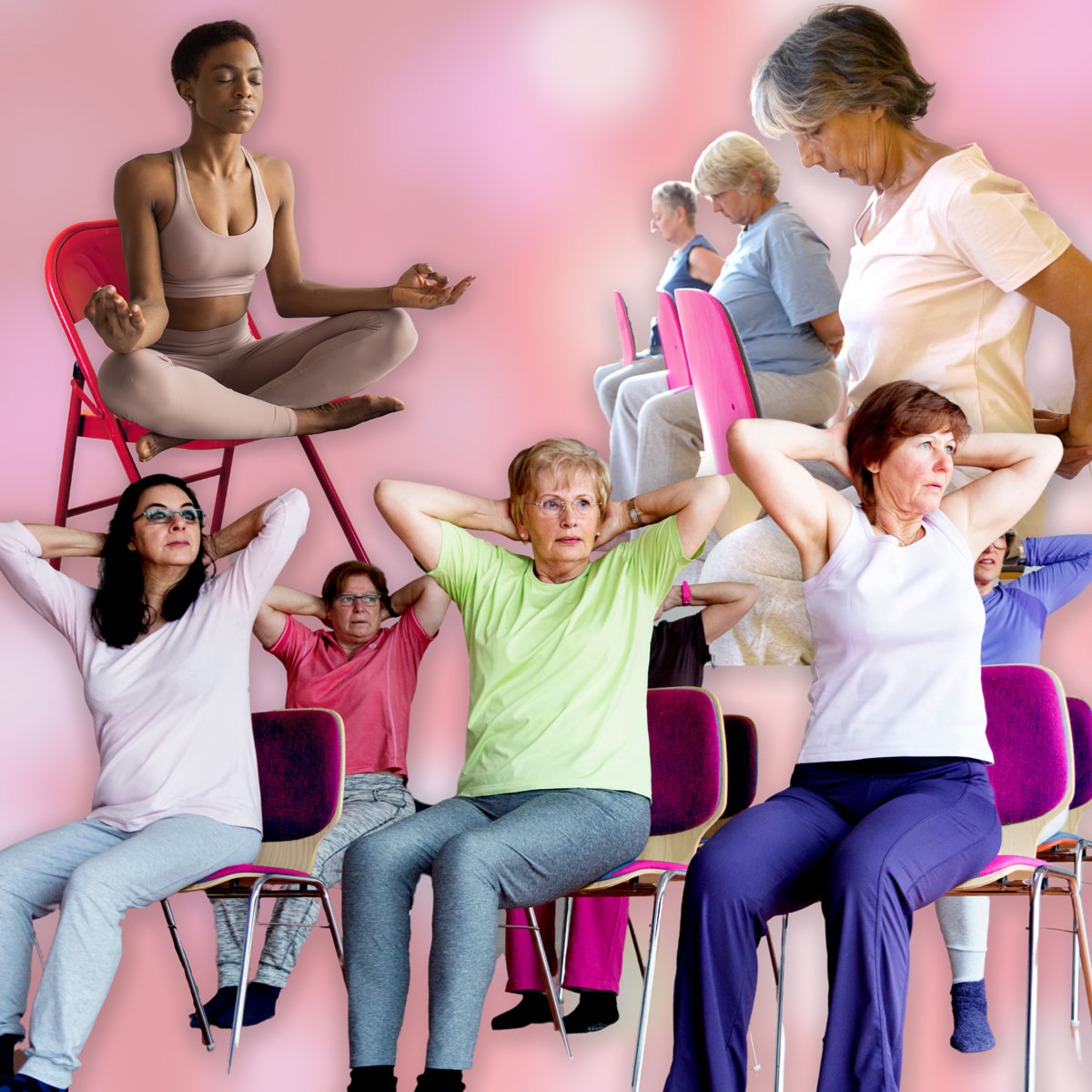 On a pink background, there are several women in chairs stretching.
