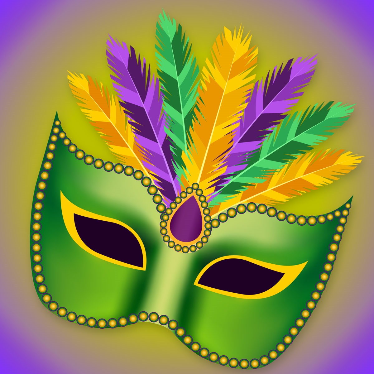 This image depicts a green mardi gras mask with green, purple, and yellow feathers arching out of the forehead area.