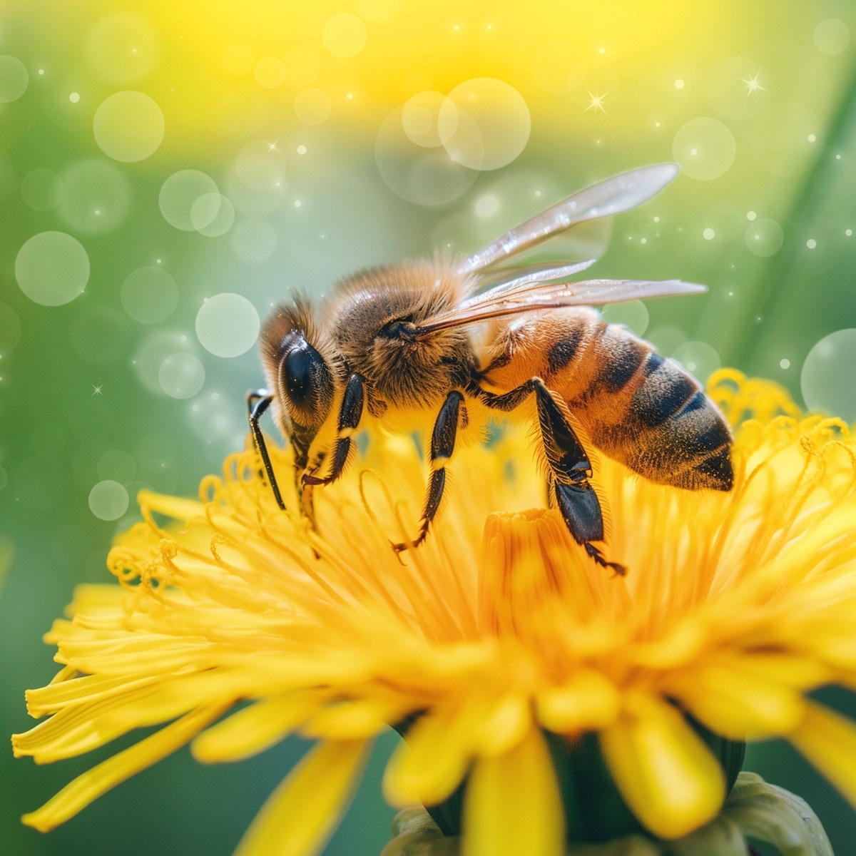 A closeup of a honeybee on a dandelion.