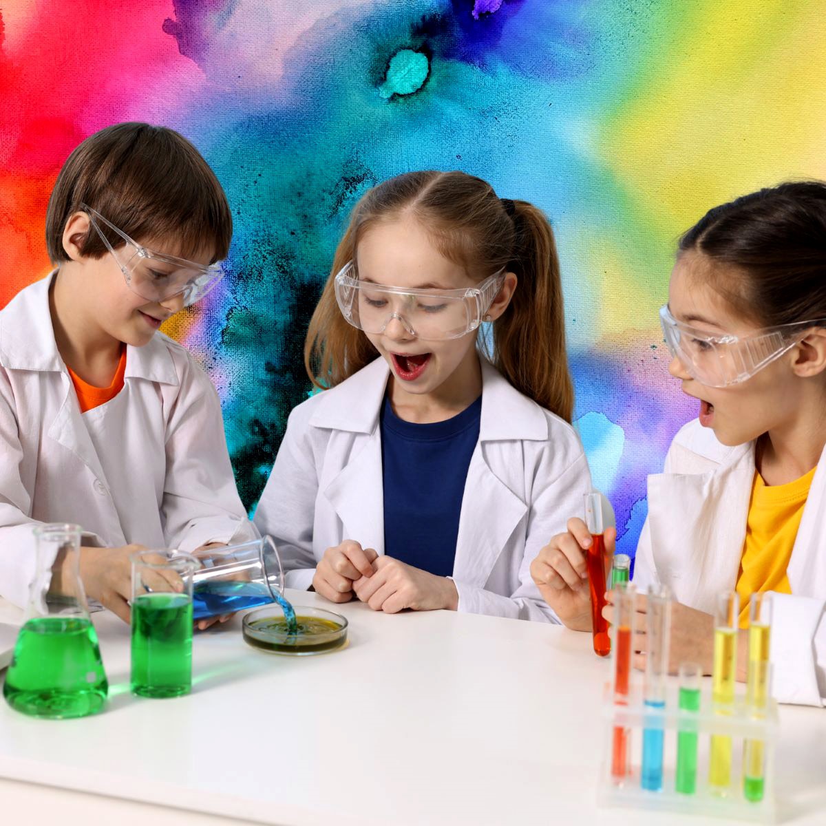 Kids in lab coats doing colorful science
