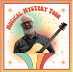Image reads Musical Mystery Tour and shows the musician Brad Sondahl holding a guitar bursting out of a neutral toned rainbow (think Beatles style).