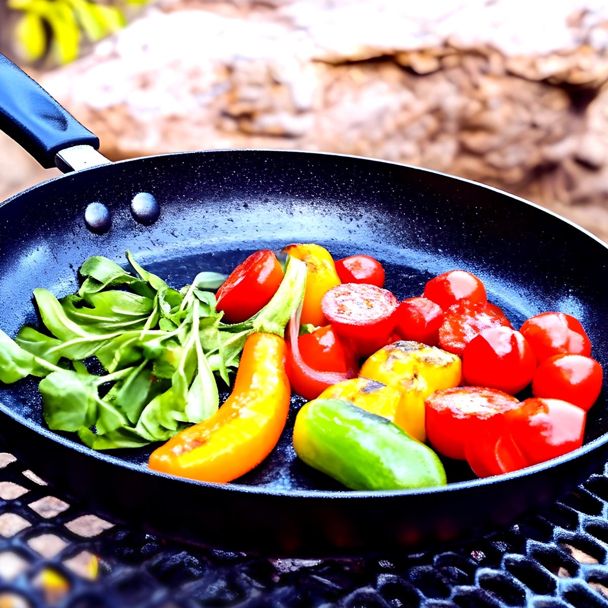 Image shows a bunch of vegetables in a frying pan.