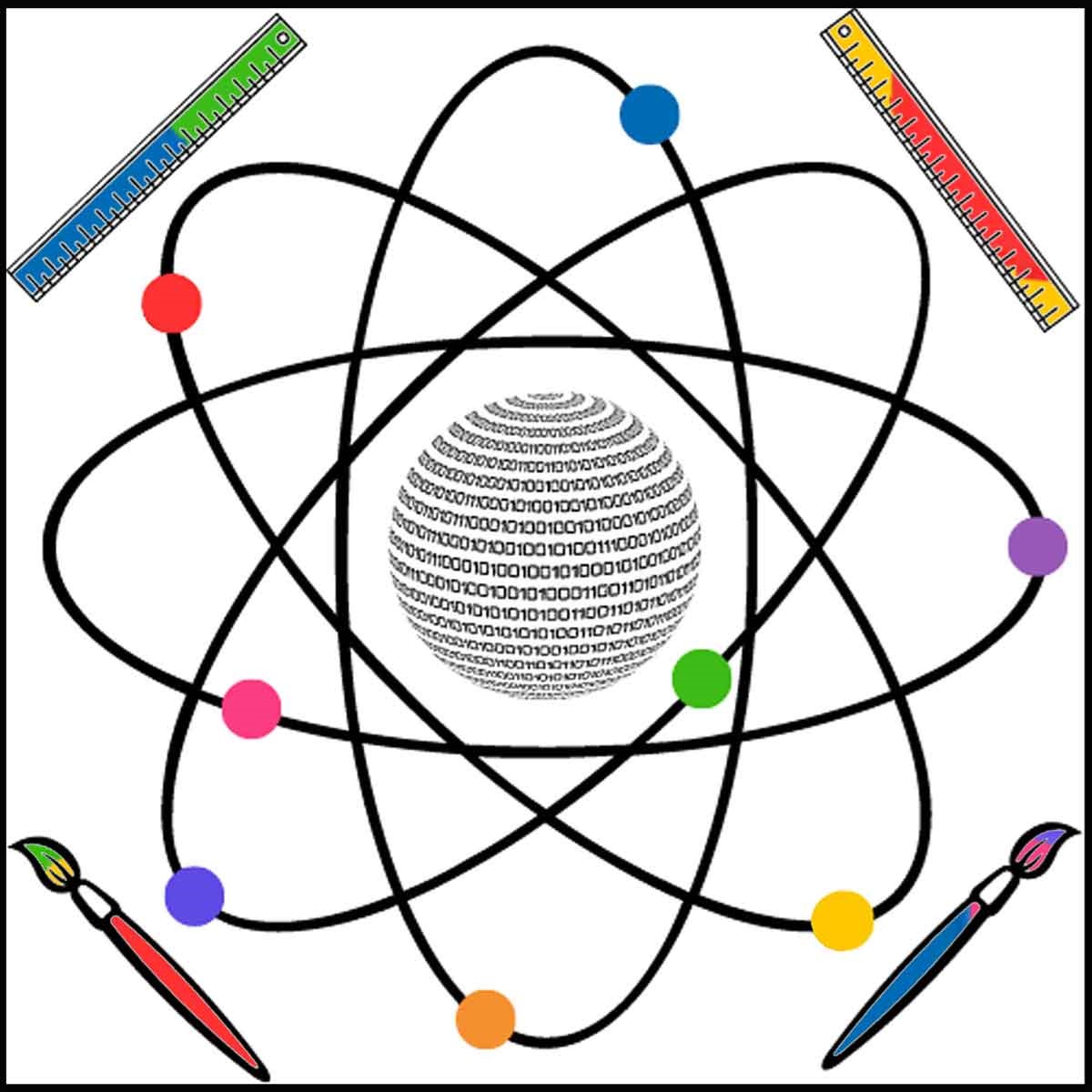 paintbrushes and a ruler surround an atom