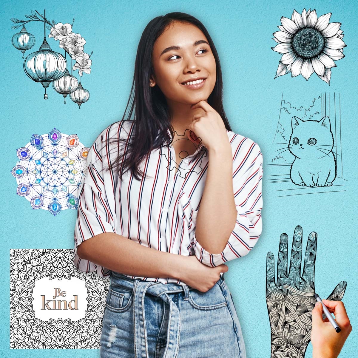 Image shows a young brunette women standing in a thoughtful pose (hand to chin).  On the blue background behind her are different zen art doodles.