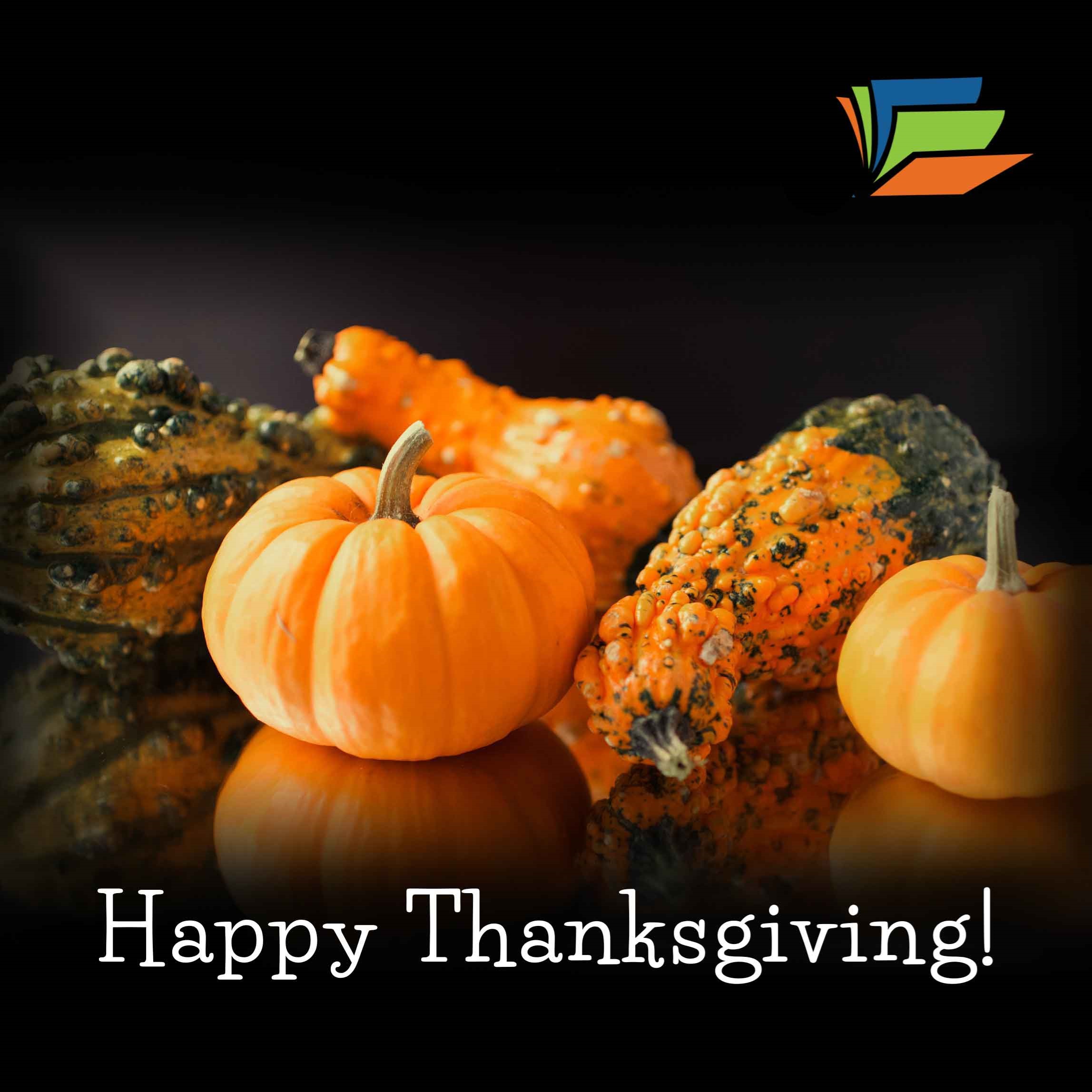 Image Reads: Happy Thanksgiving. Squash and pumpkins pictured. Link to external site. Opens in a new tab or window.