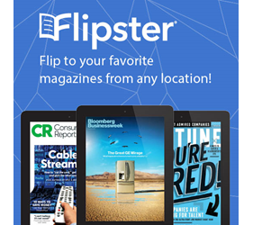 Image links to Flipster.  Text reads: Flipster: Flip to your favorite magazines from any location!.  On a blue background shows three ipads with different magazine titles.