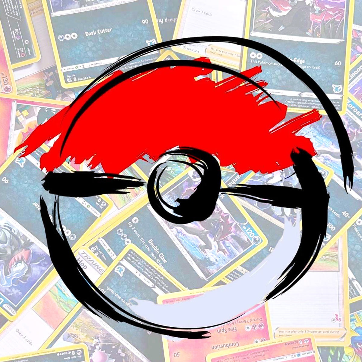 Illustration of a Pokemon ball on top of Pokemon cards.