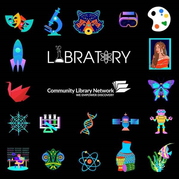 Libratory logo with science graphics surrounding title