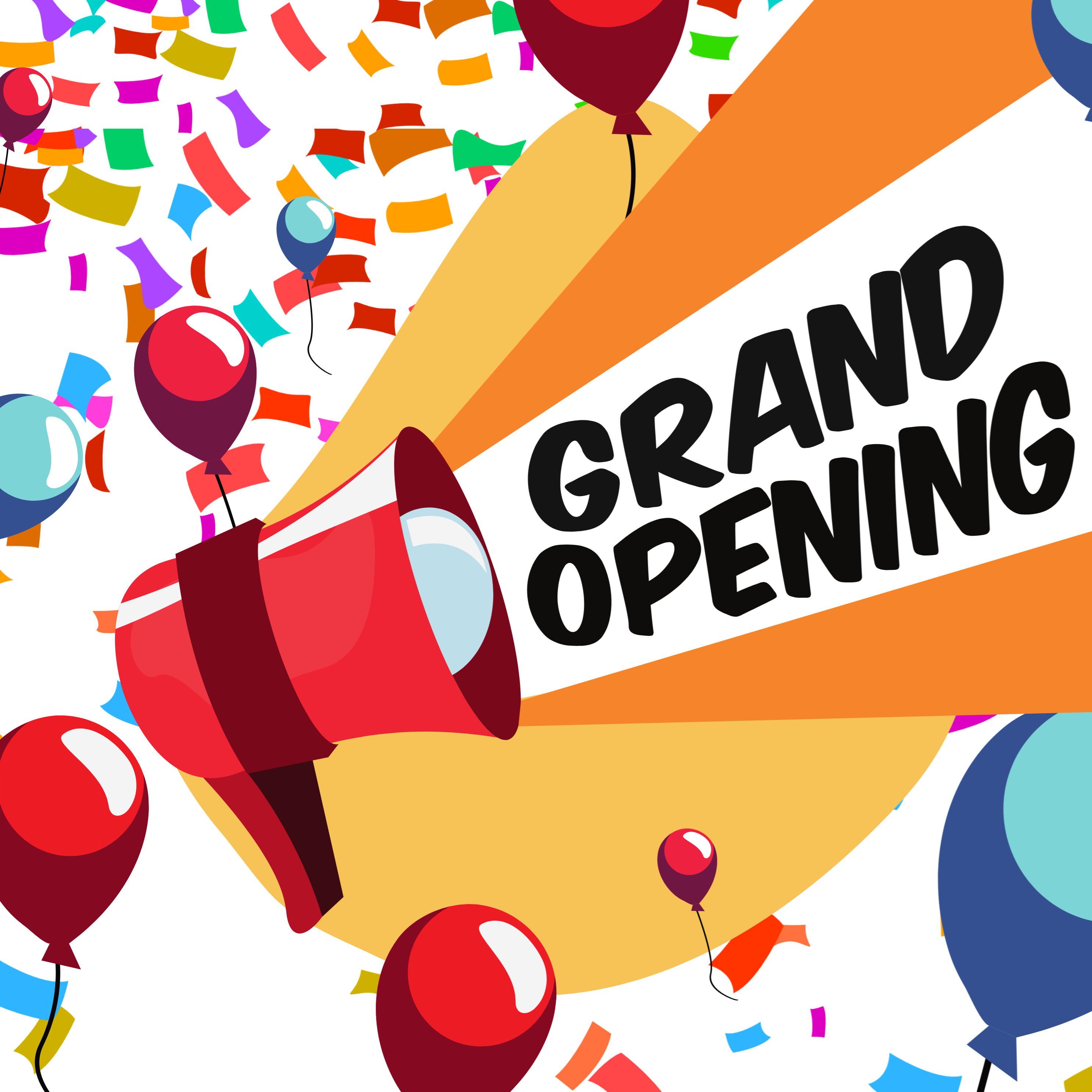 Megaphone, balloons, and colorful confetti. Grand Opening. Link to external site.