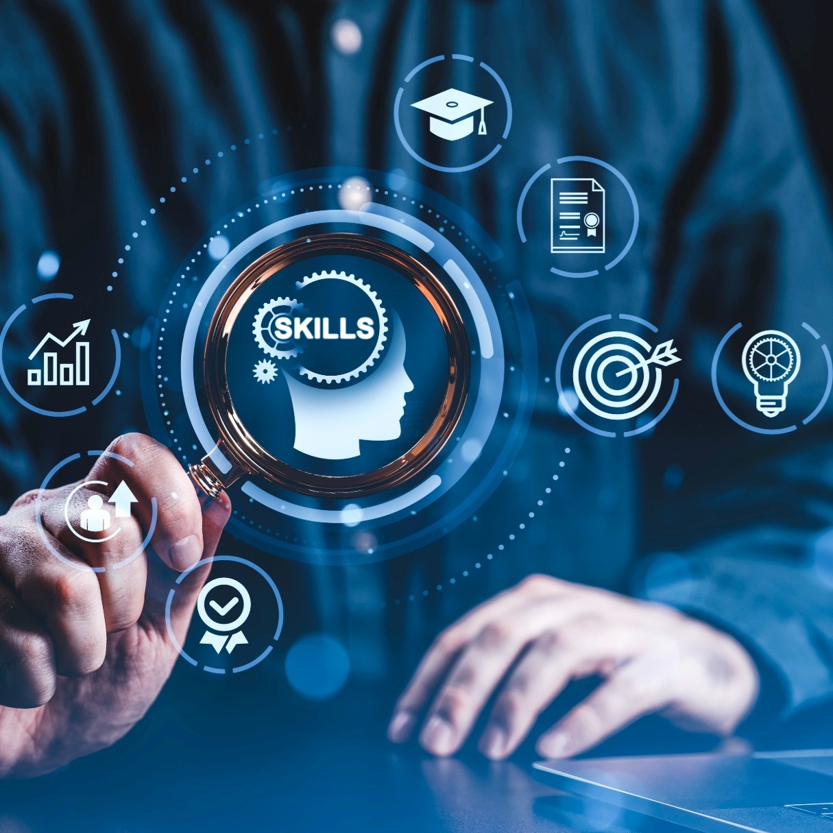 Person holding a magnifying glass surrounded by icons like a graph, target, lightbulb.