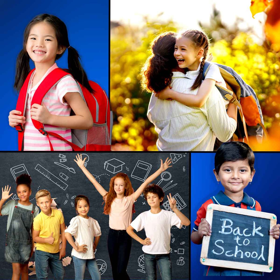 Back to School. Children wearing backpacks, holding chalk boards, and other representations of heading back to school.