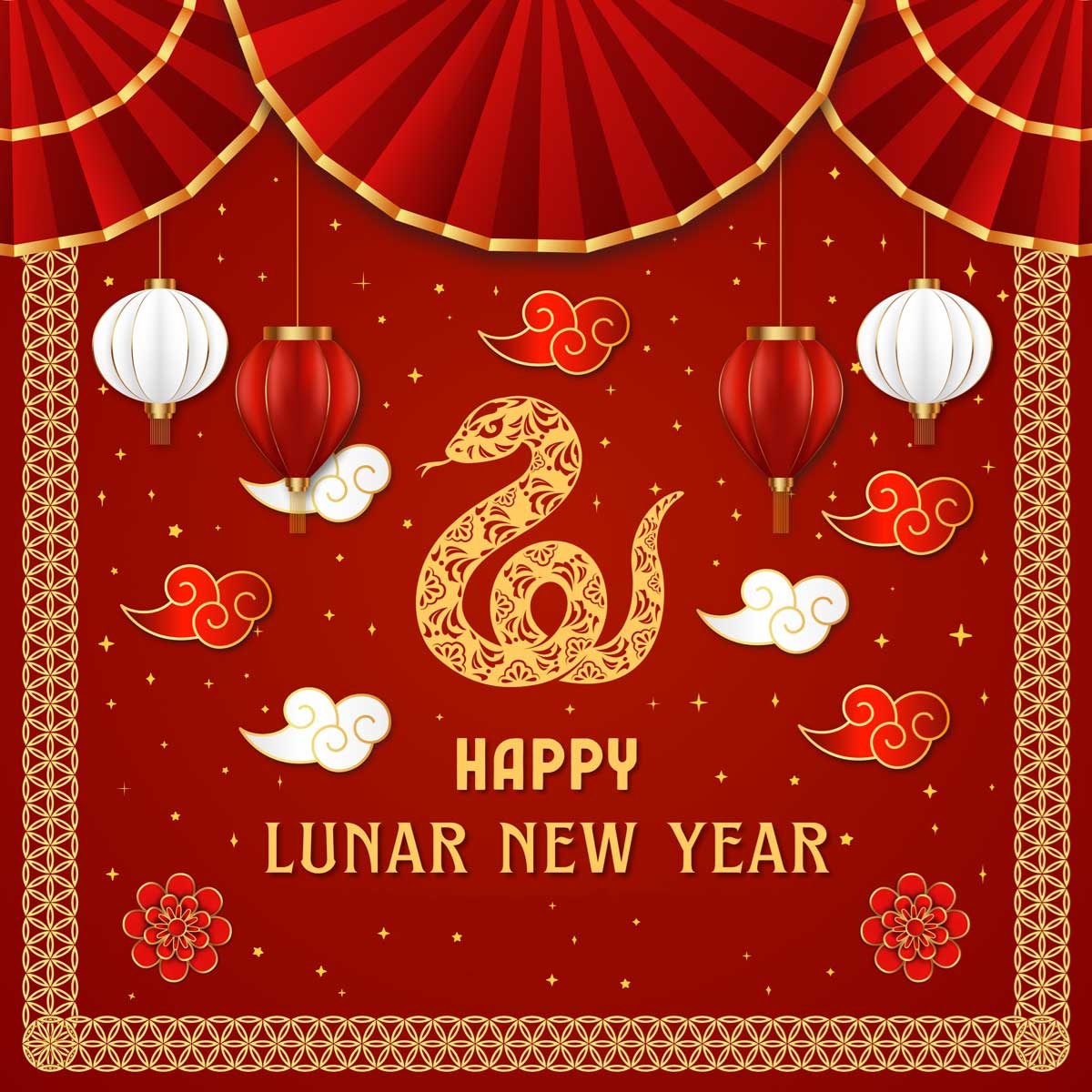 words "Happy Lunar New Year" with image of snake and red balloons