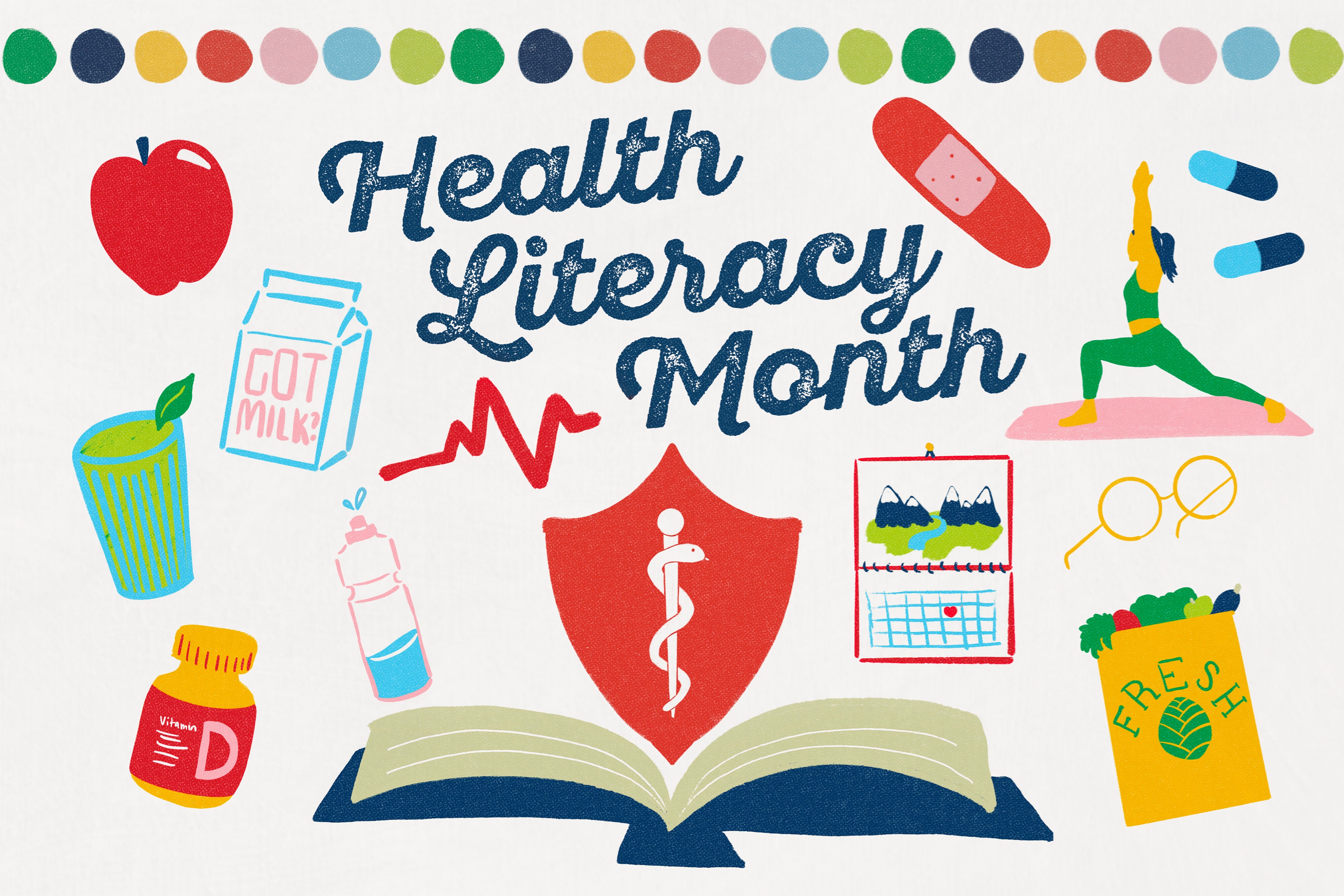 Health Literacy Month. Various icons representing exercise and medicine surrounding a Rod of Asclepius and book.