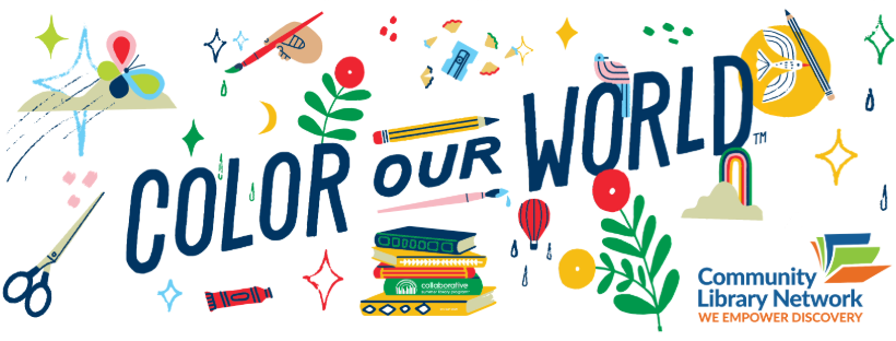 Color Our World, Summer Reading Program Logo, with Community Library Network Logo. Link to external site, opens in new tab or window.