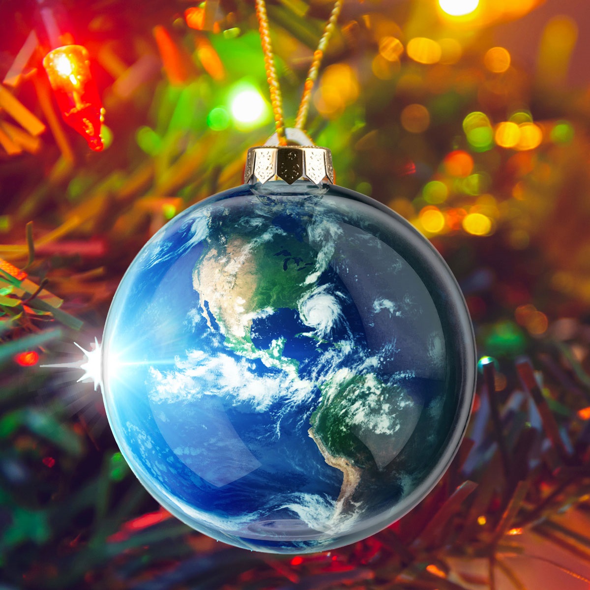 Picture depicts the glowing lights of a christmas tree in the background.  In the center of the picture is a christmas ball globe hanging from a branch.