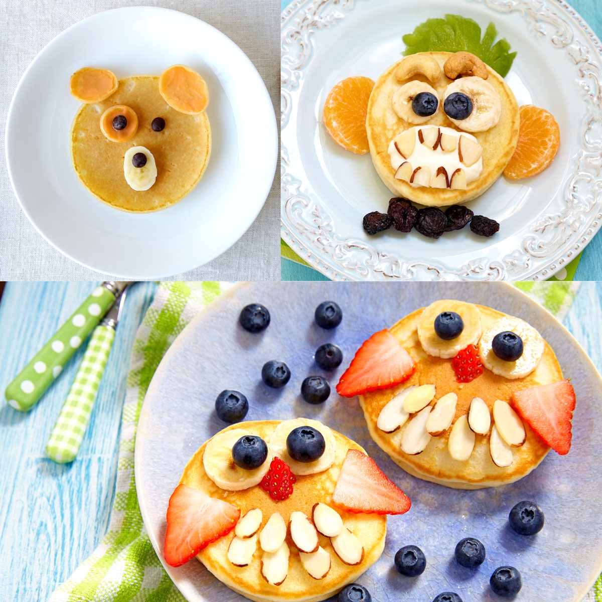 pancakes decorated with fruit to make faces and animals