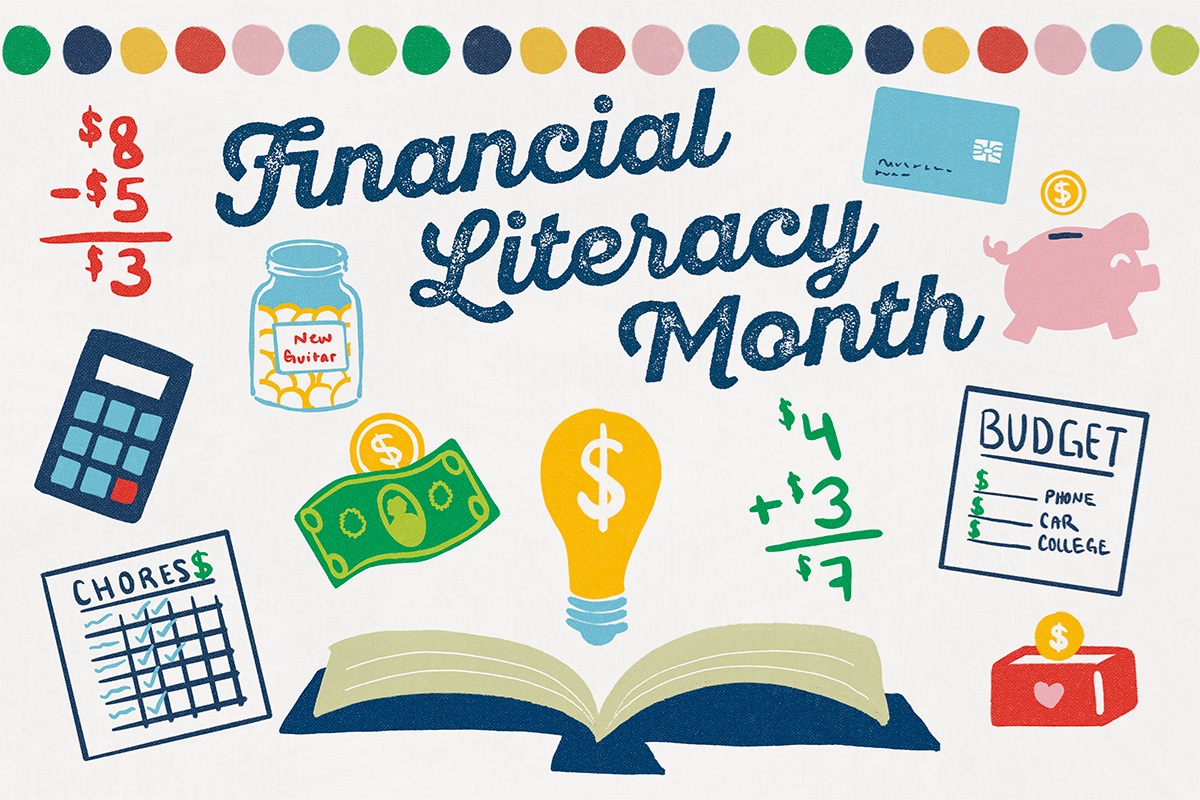 Financial Literacy Month. Icons pertaining to finances like a piggy bank, budget, and money.