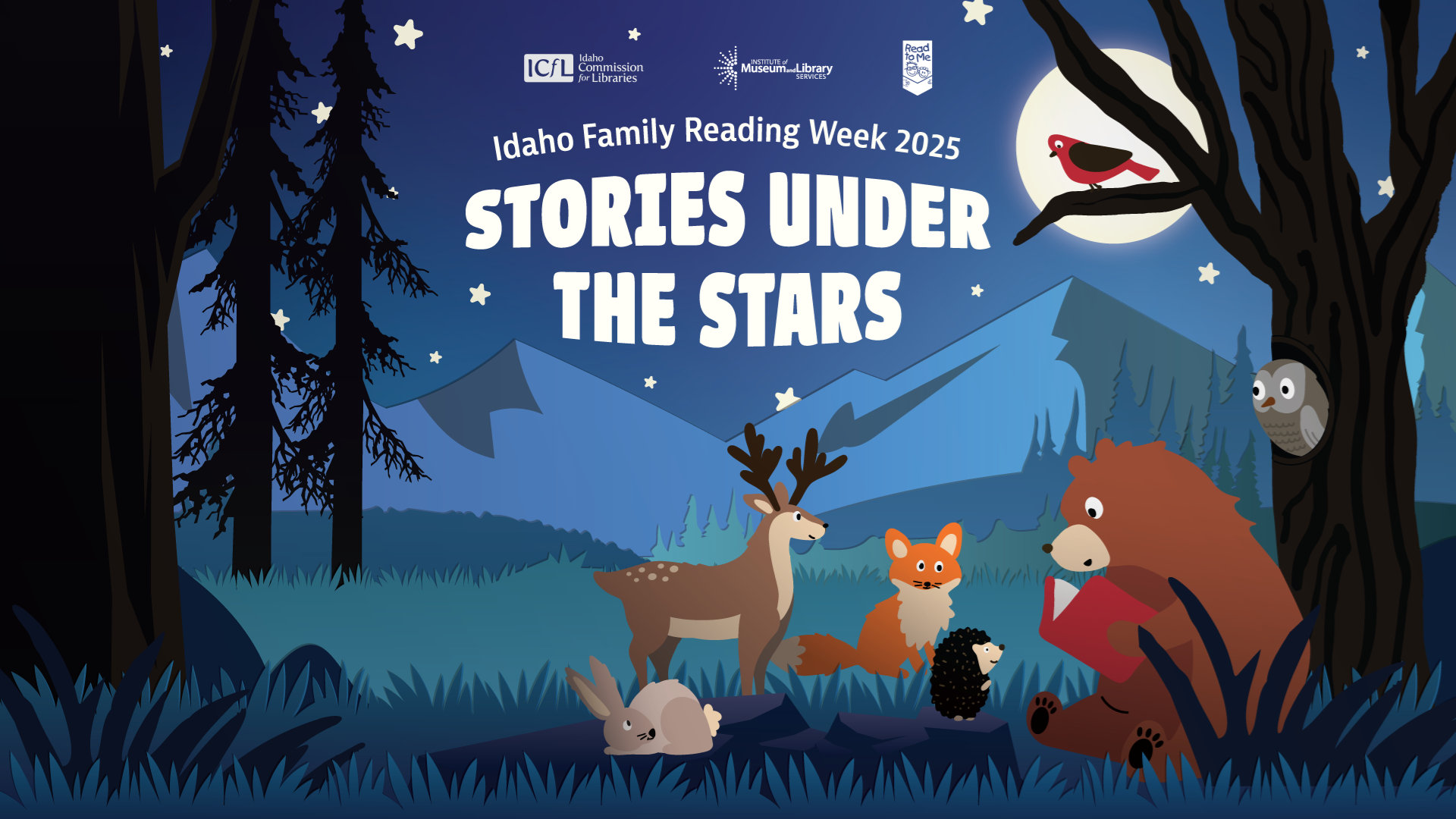 Idaho Family Reading Week logo with stars and forest animals