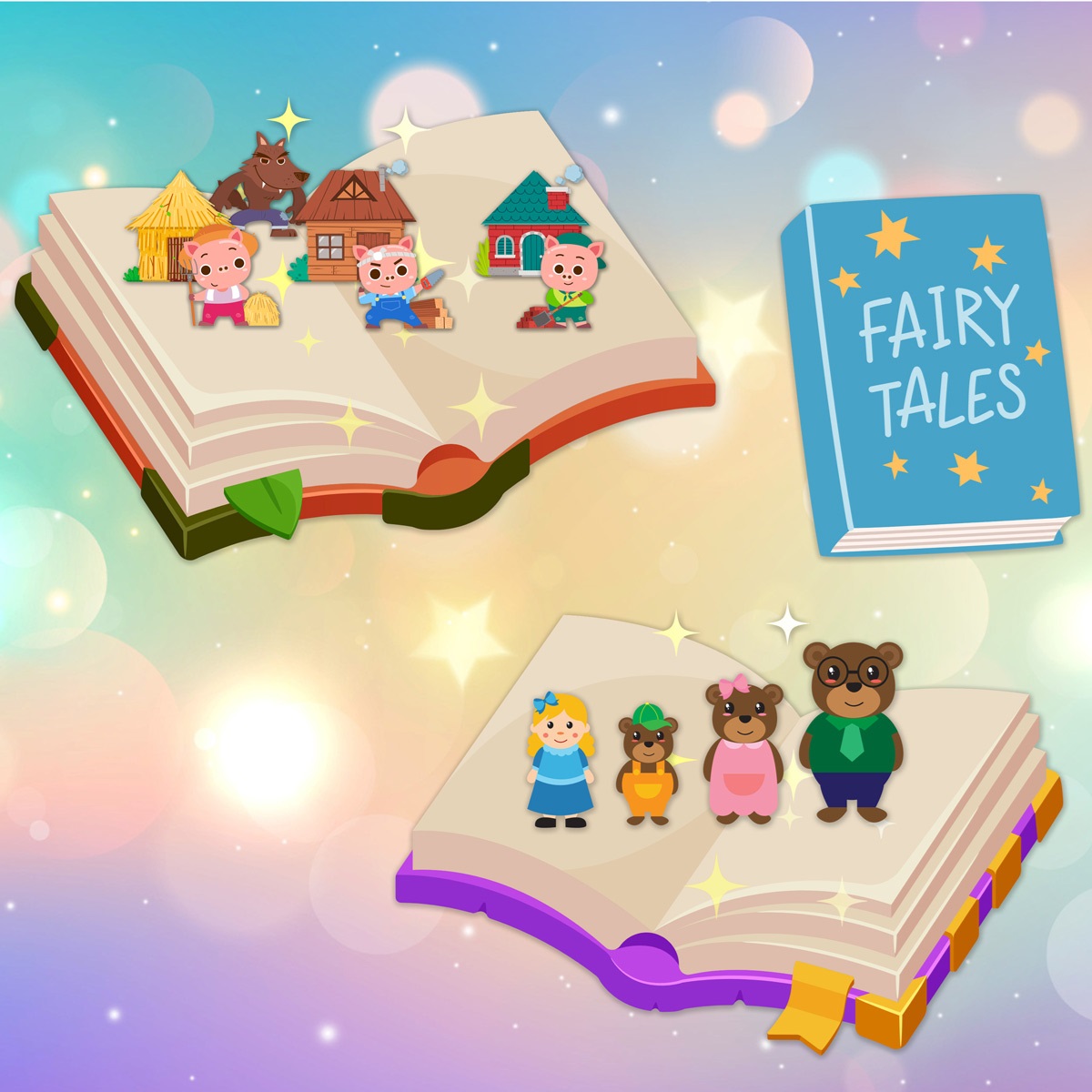 Illustrations of books with classic fairy tale characters on top of them.